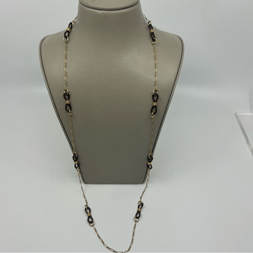 Miguel Ases 14Kt GF Chain & Brown Leather Bow Long Necklace 34" Statement Piece
